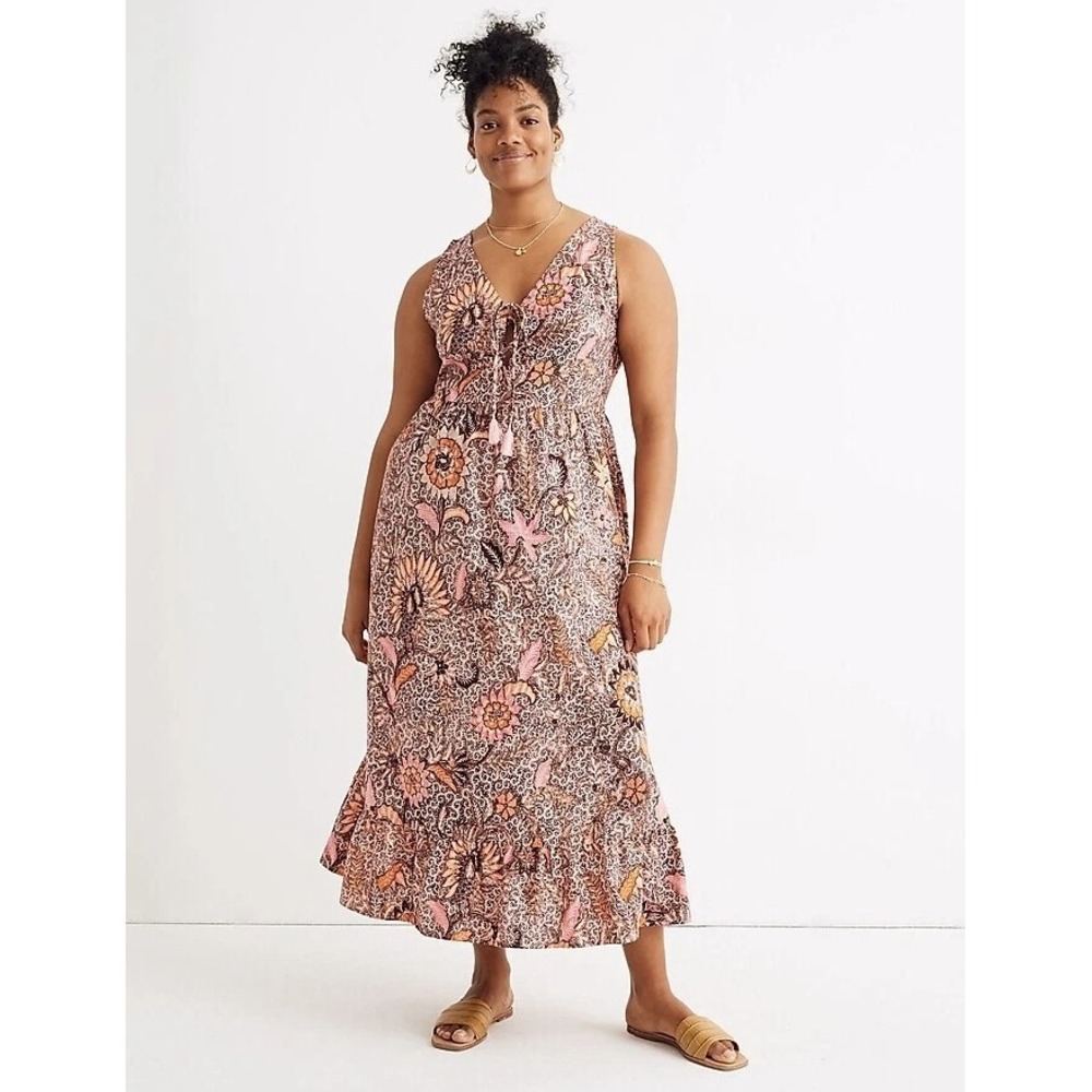 Madewell Bali Blooms Lace Up Ruffle Hem Midi Dress Size 8 Cotton Blend AO273